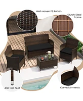 Gouun 4 Pieces Rattan Sofa Set with Glass Table and Comfortable Wicker for Outdoor Patio