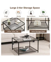 Gouun Modern 2-Tier Square Glass Table with Mesh Shelf