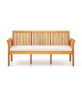 Gouun 62.5 Inches Patio 3-Seat Wood Bench with Soft Seat Cushions