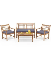 Gouun 4 Piece Wood Patio Furniture with Armchairs Loveseat and Table
