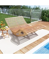Gouun Slatted Acacia 2-Seat Patio Dual Rocker Sunbed Wood Lounger with Ergonomic Curved Seat