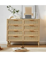 Lovmor Bedroom dresser, 8 Double Dresser with rattan drawers, wood chest of drawers for kids room, living room, entry and hallway, Natural, 47.2''W x