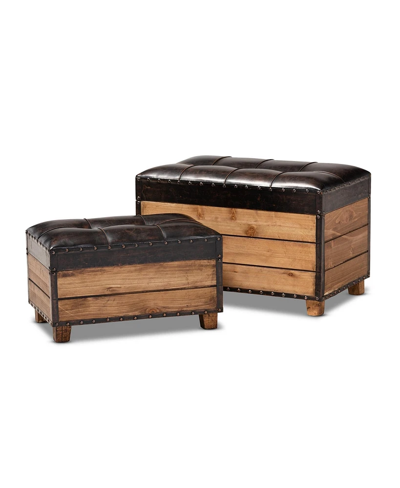 Baxton Studio Marelli Rustic Dark Brown Faux Leather Upholstered 2-Piece Wood Storage Trunk Ottoman Set