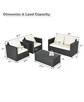 Gouun 4 Pieces Patio Rattan Conversation Set with Padded Cushion and Tempered Glass Table