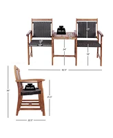 Gouun 2-Seat Patio Rattan Acacia Wood Chair with Table