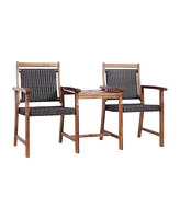 Gouun 2-Seat Patio Rattan Acacia Wood Chair with Table