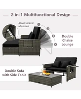 Patio Wicker Loveseat Sofa with Multipurpose Ottoman and Retractable Side Tray