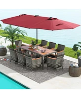 Gouun 11 Pieces Patio Dining Set with 15 Feet Double-Sided Patio Umbrella Base Included-Wine