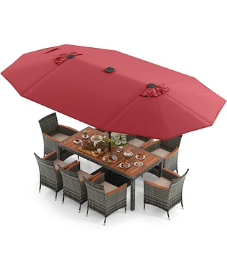 Gouun 11 Pieces Patio Dining Set with 15 Feet Double-Sided Patio Umbrella Base Included-Wine