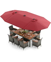 Gouun 11 Pieces Patio Dining Set with 15 Feet Double-Sided Patio Umbrella Base Included-Wine