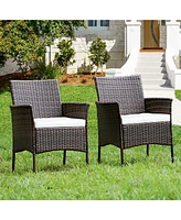 Gymax Patio 2PCS Rattan Arm Dining Chair Cushioned Sofa Furniture Brown