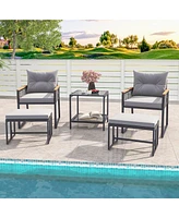 Gouun 5 Piece Outdoor Rattan Conversation Set with 2-Layer Side Table and 2 Ottomans