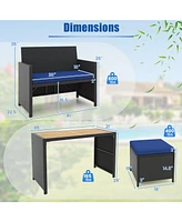 Gouun 4 Piece Outdoor Dining Set with Wood Topped Dining Table Rattan Loveseat Chair and 2 Ottomans