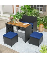 Gouun 4 Piece Outdoor Dining Set with Wood Topped Dining Table Rattan Loveseat Chair and 2 Ottomans