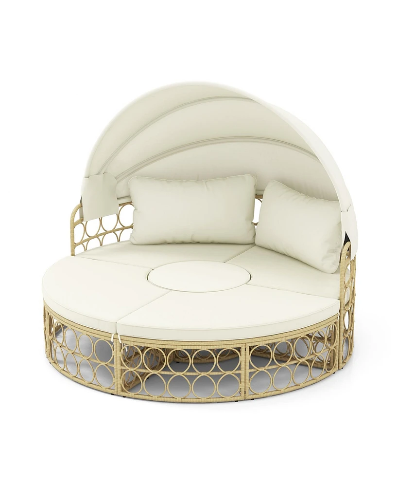 Gouun Outdoor Patio Round Daybed with Retractable Canopy and Soft Cushions