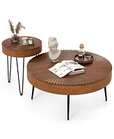 Gouun Set of 2 Boho Round Table with Solid Pine Wood Top and Metal Legs