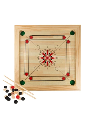 Hey Play Wooden Carrom Board Game with Cue Sticks