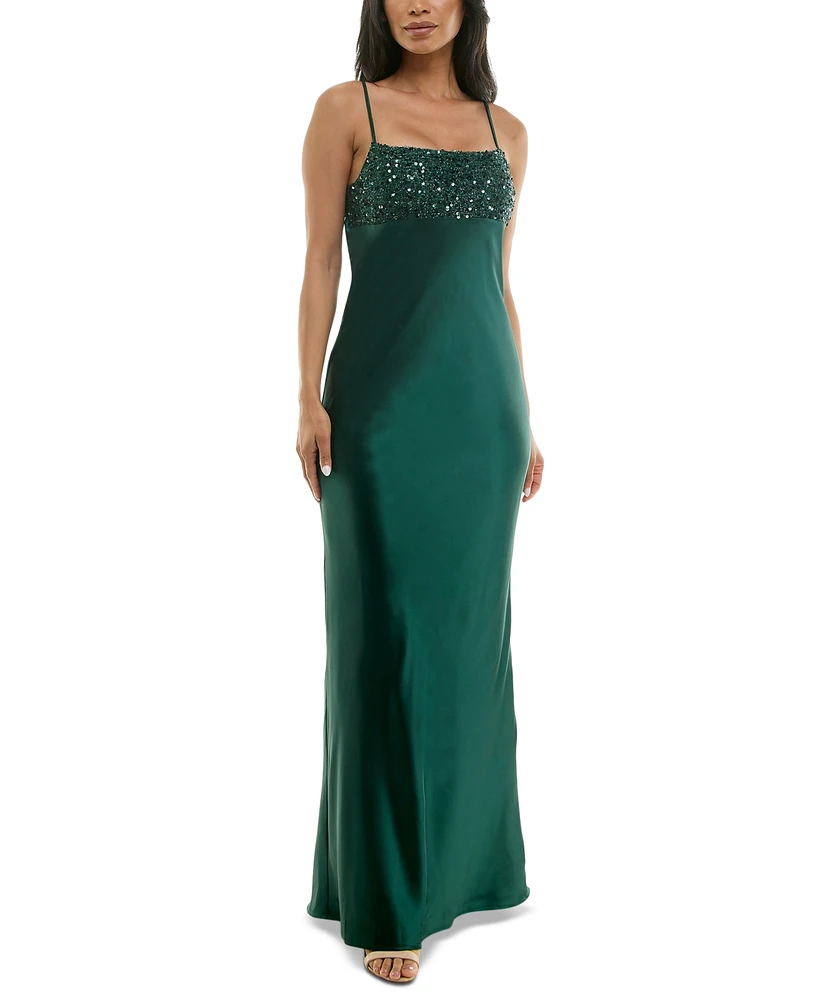 Emerald Sundae Juniors' Sequined-Top Lace-Up-Back Gown