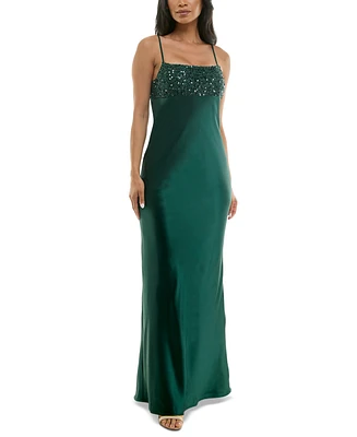 Emerald Sundae Juniors' Sequined-Top Lace-Up-Back Gown