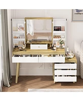 gaomon Makeup Vanity Dressing Table with Open Shelves & Large Mirror & 6 Storage Drawers