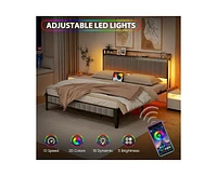 gaomon King Bed Frame with Charging Station, Led Bed Frame with Storage Headboard, Upholstered Platform Bed Frame King Size, No Box Spring Needed