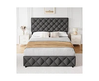 gaomon Queen Bed Frame with 4 Storage Drawers, Linen Upholstered Platform Adjustable Headboard, Diamond Stitched Button Tufted, No