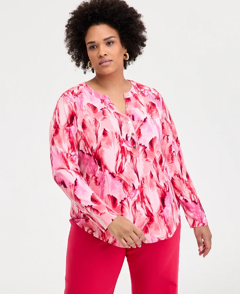 INC Plus Printed Split-Neck Top, Exclusively at Macy's