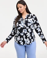 INC Plus Printed Split-Neck Top, Exclusively at Macy's