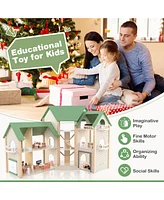 Gymax Wooden Corner Dollhouse Playset with 36 Pieces of Furniture and Accessories