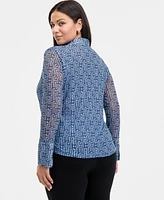 INC Plus Printed Mesh Johnny Collar Top, Exclusively at Macy's