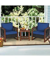 Gouun 3 Pieces Patio Wicker Furniture Set with Acacia Wood Table and Washable Cushion