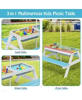 Gouun 3-in-1 Kids Outdoor Picnic Water Sand Table with Umbrella Play Boxes