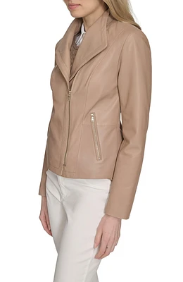 Cole Haan Women's 20 1/2” Moulded Collar Asymmetric Leather Jacket