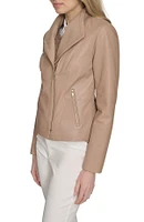 Cole Haan Women's 20 1/2” Moulded Collar Asymmetric Leather Jacket