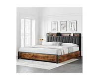 gaomon King Size Bed Frame with Storage Linen Upholstered Headboard, 4 Drawers Platform Bed Frame with Charging Station, No Box Spring Needed