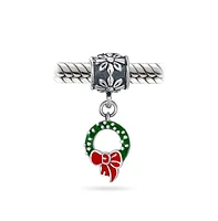 Bling Jewelry Green Christmas Red Bow Dangle Charm Bead Enamel .925 Sterling Silver