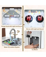 Gymax Wooden Corner Play Kitchen w/ Lights & Sounds Water Circulation System for Kids
