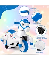 Gymax 12V Kids Ride on Unicorn Toy w/ Training Wheels Music One-button Start Horse Toy