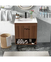 Gymax 25 Inch Wooden Bathroom Vanity Sink Combo with Open Shelf & Sink & Pop Up Drain