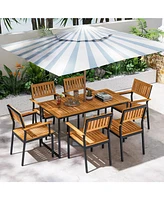 Gouun Acacia Wood Dining Table for 6 People with Slatted Tabletop and Umbrella Hole