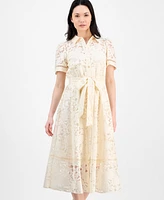 Anne Klein Women's Floral-Lace Tie-Waist Shirtdress