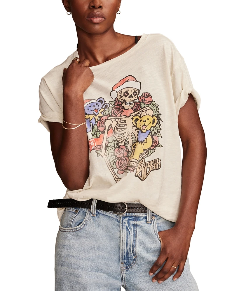 Lucky Brand Women's Grateful Dead Christmas Skeleton Boyfriend T-Shirt