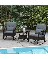 3 Piece Outdoor Rocking Set with Tempered Glass Table for Backyard Poolside