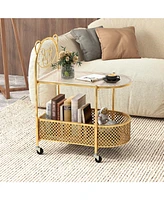 Gouun 2-Tier Mobile Glass Table with Bear Pattern