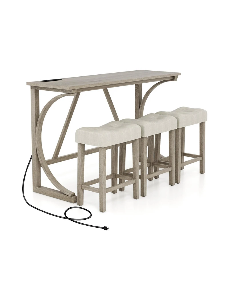 Gouun 4-Piece Bar Table Set with Power Outlet and Upholstered Saddle Seat Stools