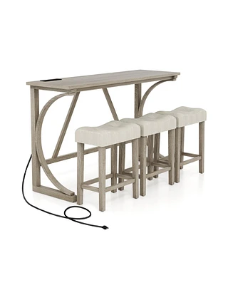 Gouun 4-Piece Bar Table Set with Power Outlet and Upholstered Saddle Seat Stools