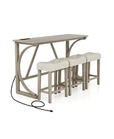 Gouun 4-Piece Bar Table Set with Power Outlet and Upholstered Saddle Seat Stools