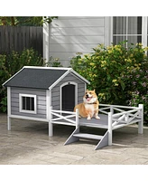 PawHut Wooden Dog House w/ Porch, Water-resist Roof, for S M Dogs,