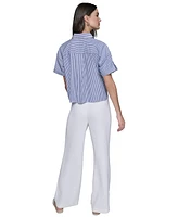 Karl Lagerfeld Paris Women's Embellished Poplin Striped Button-Front Top, Regular & Petite