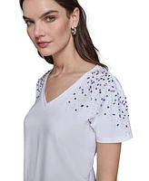 Karl Lagerfeld Paris Women's Embellished V-Neck T-Shirt